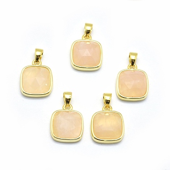 Natural Rose Quartz Pendants, with Golden Tone Brass Findings, Square, Faceted, 13x11x5mm, Hole: 3.5x5.5mm