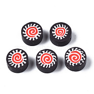 Handmade Polymer Clay Beads, for DIY Jewelry Crafts Supplies, Flat Round with Sun, Black, 9.5x4.5~5mm, Hole: 1.6mm(CLAY-N008-037A)