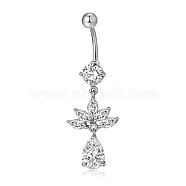 Piercing Jewelry, Brass Cubic Zirciona Navel Ring, Belly Rings, with 304 Stainless Steel Bar, Lead Free & Cadmium Free, teardrop, Clear, 45.5mm, Pendant: 23.5x16mm, Bar: 14 Gauge(1.6mm), Bar Length: 3/8"(10mm)(AJEW-EE0006-72A-P)