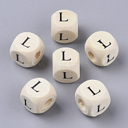 Printed Natural Wood Beads, Horizontal Hole, Cube with Initial Letter, PapayaWhip, Letter.L, 10x10x10mm, Hole: 3.5mm, about 1000pcs/500g(WOOD-T026-001L)