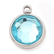 304 Stainless Steel Charms, with Acrylic Rhinestone, Birthstone Charms, Faceted, Flat Round, Stainless Steel Color, Aquamarine, 12x10x4.4mm, Hole: 1.3mm(STAS-I165-04A-P-11)