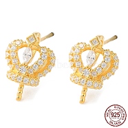 925 Sterling Silver Stud Earring Findings, with Clear Cubic Zirconia, Crown, for Half Drilled Beads, with S925 Stamp, Real 18K Gold Plated, 12.5x9.5mm, Pin: 11x0.8mm and 0.6mm(STER-M115-14G)