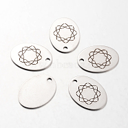 Spray Painted Stainless Steel Pendants, Oval with Flower Pattern, Stainless Steel Color, 30x22x1mm, Hole: 3mm(STAS-I048-N09)