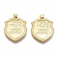 Brass Pendants, Nickel Free, Shield with Word Adhuc Stantes, Real 18K Gold Plated, 23.5x18x1.5mm, Hole: 2mm(KK-S356-190G-NF)
