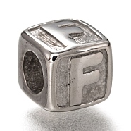 304 Stainless Steel European Beads, Large Hole Beads, Horizontal Hole, Cube with Letter, Stainless Steel Color, Letter.F, 8x8x8mm, Hole: 4.5mm(OPDL-L020-001F)