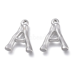 304 Stainless Steel Pendants, Bamboo Shaped Letter, Stainless Steel Color, Letter.A, 17.5~19x10~16x3~4mm, Hole: 1.8~2mm(STAS-G214-38P-A)