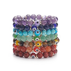 7Pcs 7 Style Natural & Synthetic Mixed Stone Stretch Bracelets Set with Lampwork Evil Eye Beaded, Chakra Yoga Theme Jewelry for Women, Inner Diameter: 2-1/4 inch(5.6cm), 1Pc/style(BJEW-JB08771)