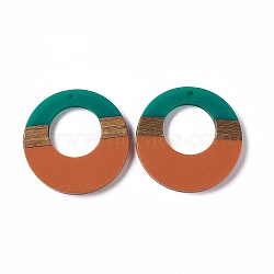 Opaque Resin & Walnut Wood Pendants, Ring Charms, Chocolate, 38x3.5mm, Hole: 2mm(RESI-M027-03K)