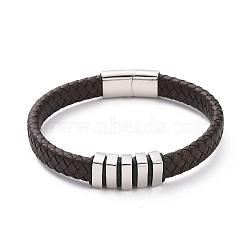 304 Stainless Steel Rectangle Beaded Bracelet with Magnetic Clasps, Brown Leather Braided Cord Punk Wristband for Men Women, Stainless Steel Color, 8-5/8 inch(21.9cm)(BJEW-P275-05P)