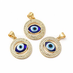 Rack Plating Real 18K Gold Plated Brass Micro Pave Clear Cubic Zirconia Pendants, with Handmade Lampwork, Cadmium Free & Lead Free, Long-Lasting, Flat Round with Evil Eye, Blue, 20x17.5x3.5mm, Hole: 5.5x4mm(ZIRC-L102-07G-06)
