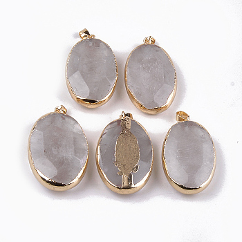 Golden Plated Natural Quartz Crystal Pendants, with Iron Findings, Faceted, Oval, 45~50x25~30x9~12mm, Hole: 4.5x7mm