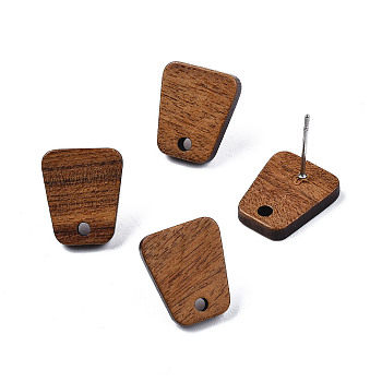 Walnut Wood Stud Earring Findings, with Hole and 304 Stainless Steel Pin, Trapezoid, Peru, 14x12mm, Hole: 1.8mm, Pin: 0.7mm