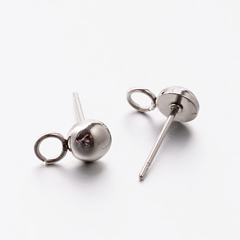 304 Stainless Steel Stud Earring Findings, with Loop, Stainless Steel Color, 8.5mm, Pin: 0.6mm, Hole: 1.5mm