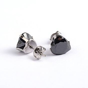 Heart 304 Stainless Steel Cubic Zirconia Stud Earrings, Black, 6x6mm, Pin: 0.9mm