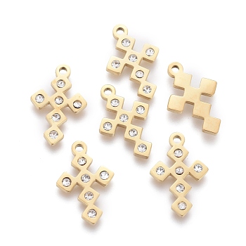 316 Surgical Stainless Steel Tiny Cross Charms, with Crystal Rhinestone, Golden, 13x8.5x1mm, Hole: 1mm