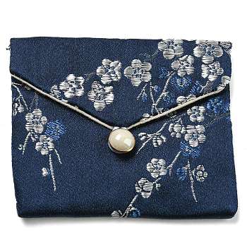 Chinese Style Floral Cloth Jewelry Storage Pouches, with Plastic Button, Rectangle Jewelry Gift Case for Bracelets, Earrings, Rings, Random Pattern, Midnight Blue, 7.5x8.5x0.3~0.7cm