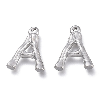 304 Stainless Steel Pendants, Bamboo Shaped Letter, Stainless Steel Color, Letter.A, 17.5~19x10~16x3~4mm, Hole: 1.8~2mm