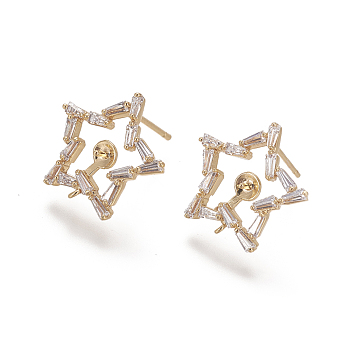 Brass Micro Pave Cubic Zirconia Stud Earring Settings, with Loop, Star, Real 18K Gold Plated, 14mm, Star: 16.8x16.8x2.5mm, Hole: 0.8mm, Pin: 0.7mm, Tray: 4mm