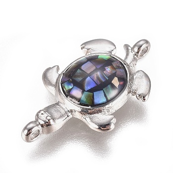 Abalone Shell/Paua Shell Links, with Brass Findings, Sea Turtle, Platinum, 12.5x21x4mm, Hole: 1.2mm