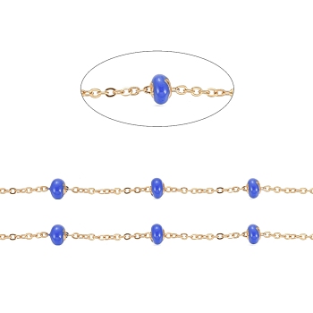 Stainless Steel Satellite Chains, with Enamel Beads and Spool, Soldered, Long-Lasting Plated, Flat Round, Golden, Blue, 1.5x1.2x0.3mm, about 32.8 Feet(10m)/roll