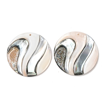 Natural Freshwater Shell & Black Lip Shell Pendants, Flat Round Charms, 48.5x5mm, Hole: 1.8mm