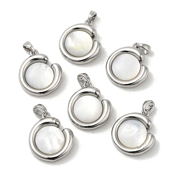 Brass Pave Shell Pendants, Flat Round Charms, Real Platinum Plated, 19x16x6mm, Hole: 4x3mm