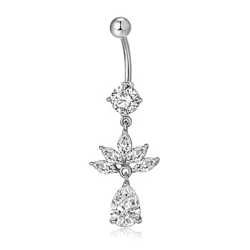 Piercing Jewelry, Brass Cubic Zirciona Navel Ring, Belly Rings, with 304 Stainless Steel Bar, Lead Free & Cadmium Free, teardrop, Clear, 45.5mm, Pendant: 23.5x16mm, Bar: 14 Gauge(1.6mm), Bar Length: 3/8"(10mm)