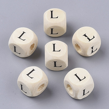 Printed Natural Wood Beads, Horizontal Hole, Cube with Initial Letter, PapayaWhip, Letter.L, 10x10x10mm, Hole: 3.5mm, about 1000pcs/500g