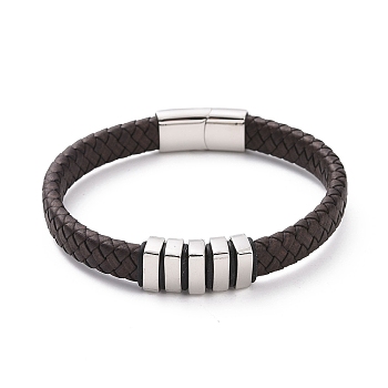 304 Stainless Steel Rectangle Beaded Bracelet with Magnetic Clasps, Brown Leather Braided Cord Punk Wristband for Men Women, Stainless Steel Color, 8-5/8 inch(21.9cm)