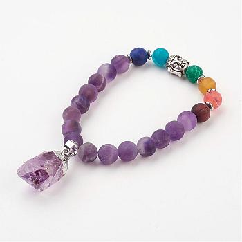 Yoga Chakra Jewelry, Gemstone Stretch Bracelets, with Alloy Buddha, Natural Amethyst, 2 inch(52mm)