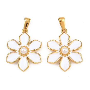 304 Stainless Steel Enamel Pendants, with ABS Plastic Imitation Pearl Beads, Flower, Golden, White, 28x22x6.5mm, Hole: 7x3mm