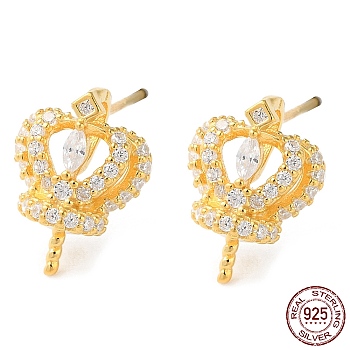 925 Sterling Silver Stud Earring Findings, with Clear Cubic Zirconia, Crown, for Half Drilled Beads, with S925 Stamp, Real 18K Gold Plated, 12.5x9.5mm, Pin: 11x0.8mm and 0.6mm