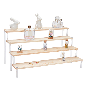 4-Tier Acrylic Action Figure Display Risers, Wood Tiered Display Organizer Hoder for Minifigures Model Toys, Ladder Shaped Dolls Shelf, with Iron Screwdriver, BurlyWood, 28x40x21cm