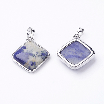Natural Sodalite Pendants, with Brass Findings, Rhombus, Platinum, 25x29x7mm, Hole: 5x7mm, 18x18mm