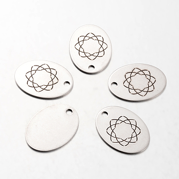 Spray Painted Stainless Steel Pendants, Oval with Flower Pattern, Stainless Steel Color, 30x22x1mm, Hole: 3mm