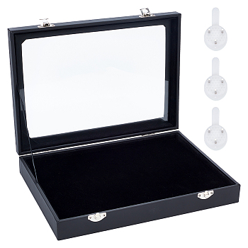 Velvet Jewelry Presentation Boxs, with Clear Glass Windows and Plastic Non-trace Nails, for Medals, Necklaces, Earrings, Coins Storage, Rectangle, Black, 28x20x4.85cm, Inner Size: 26.5x18.5cm