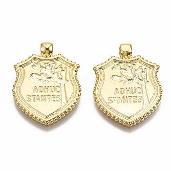 Brass Pendants, Nickel Free, Shield with Word Adhuc Stantes, Real 18K Gold Plated, 23.5x18x1.5mm, Hole: 2mm