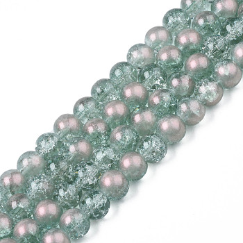 Translucent Crackle Glass Beads Strands, with Glitter Powder, Round, Light Sea Green, 8x7.5mm, Hole: 1mm, about 100~105Pcs/strand, 31.50 inch~33.07 inch(80cm~84cm)