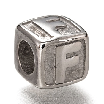 304 Stainless Steel European Beads, Large Hole Beads, Horizontal Hole, Cube with Letter, Stainless Steel Color, Letter.F, 8x8x8mm, Hole: 4.5mm