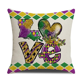 Mardi Gras Carnival Theme Linen Pillow Covers, Cushion Cover, for Couch Sofa Bed, Square, Word Love, 450x450x5mm