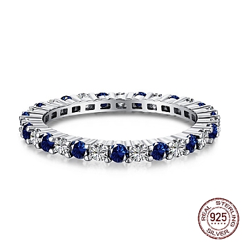 Rhodium Plated 925 Sterling Silver Finger Rings, Stackable Ring, with Cubic Zirconia for Women, Bohemian Style Eternity Ring, Wedding Band, Real Platinum Plated, Dark Blue, 2.0mm, US Size 7(17.3mm)