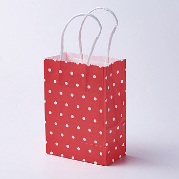 kraft Paper Bags, with Handles, Gift Bags, Shopping Bags, Rectangle, Polka Dot Pattern, Red, 27x21x10cm