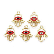 Light Gold Plated Alloy Pendants, with Enamel, Religion, Hamsa Hand/Hand of Miriam with Evil Eye, Red, 20x15.5x2.5mm, Hole: 2mm(ENAM-T009-17B-01)