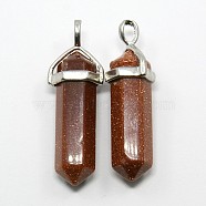 Synthetic Goldstone Double Terminated Pointed Pendants, with Metal Findings, Bullet, Platinum, 39~41x10~12x8~10mm, Hole: 4x3mm(G-N0037-01)
