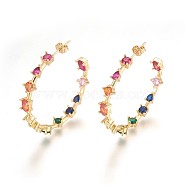 Brass Cubic Zirconia Stud Earrings, Half Hoop Earrings, Ring, Colorful, Golden, 5.5x39.5mm, Pin: 0.8mm(EJEW-P183-04G)