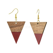 Resin & Walnut Wood Triangle Dangle Earrings, Golden Iron Long Drop Earrings, Dark Red, 57x30.5mm(EJEW-JE05505-01)