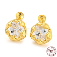 Flower 925 Sterling Silver with Clear Cubic Zirconia Stud Earring Findings, Earring Settings for Half Drilled Beads, with S925 Stamp, Real 18K Gold Plated, 13x10mm, Pin: 11x0.7mm and 0.7mm(STER-Q192-11G)