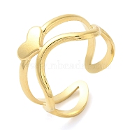304 Stainless Steel Heart Open Cuff Ring for Women, Real 14K Gold Plated, Inner Diameter: 17mm(RJEW-I098-22G)