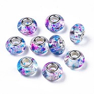 Transparent Resin European Beads, Large Hole Beads, with Platinum Tone Brass Double Cores, Two-Tone, Rondelle, Deep Sky Blue, 13.5x9mm, Hole: 5mm(RPDL-N014-05-05)