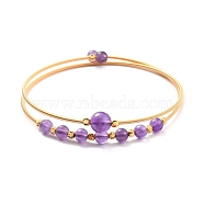 Golden Brass Double Loop Wrap Bangle, Natural Amethyst Beaded Open Bangle for Women, Lead Free & Cadmium Free, Inner Diameter: 2-3/8 inch(6cm)(BJEW-A122-05)